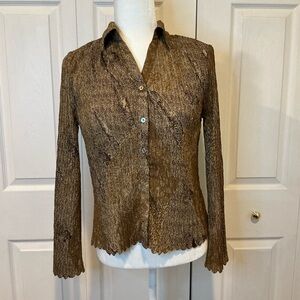 🐸 Jennifer Lloyd Brown and Tan Button Down Crinkle Blouse - Size Small
